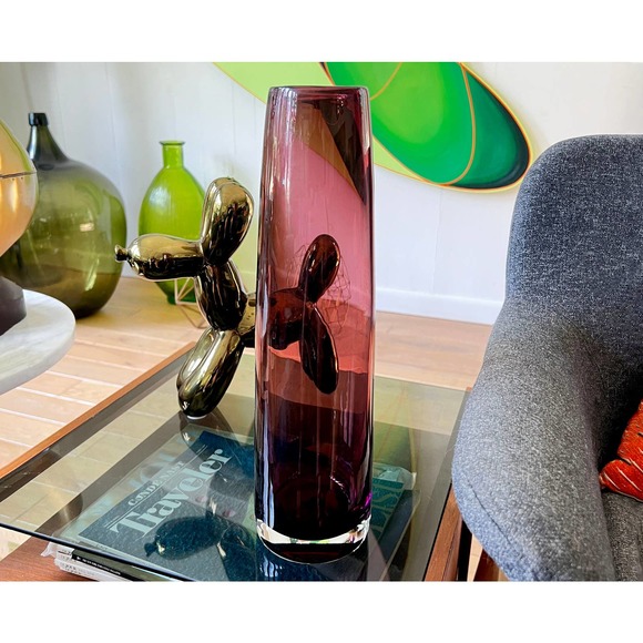 Mid Century Tall Cylindrical Amethyst Vase with Clear Base - Picture 7 of 9